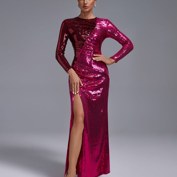 Ruched Sequined High Slit Maxi Dress