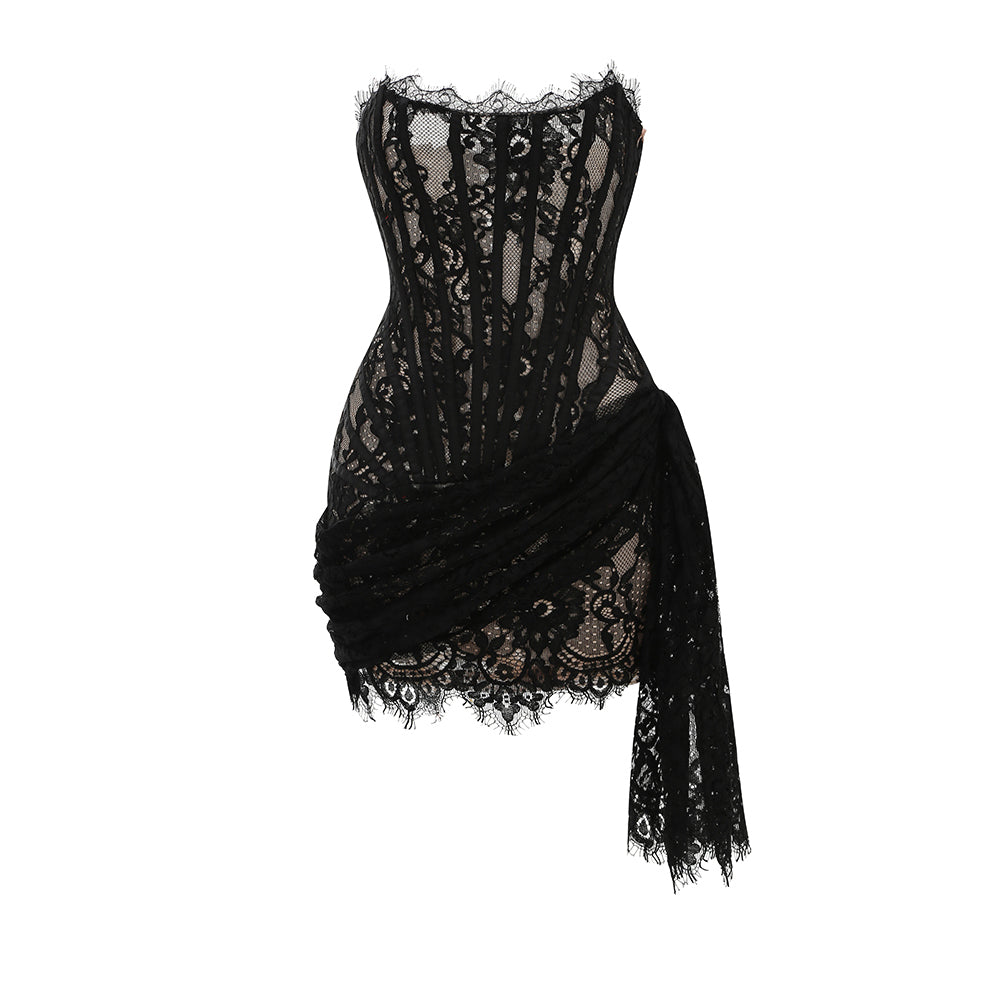 Marlowe Vallière — Strapless Sleeveless Lace Mini Dress KLYF1062, alternate view 4