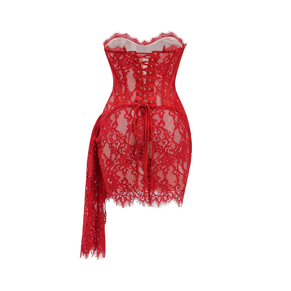 Marlowe Vallière — Strapless Sleeveless Lace Mini Dress KLYF1062, alternate view 18