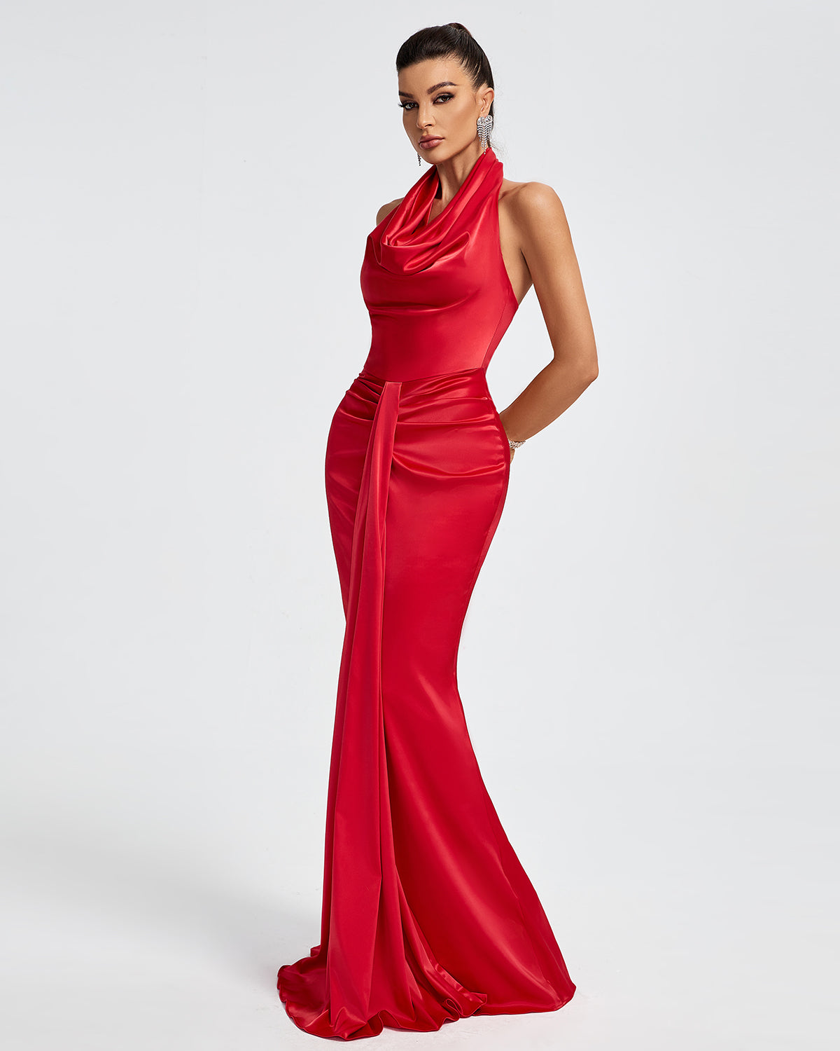 Halter Draped Satin Mermaid Maxi Dress