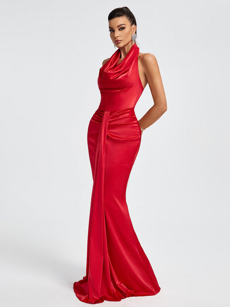 Elegant Draped Satin Mermaid Maxi Dress with Halter Neck