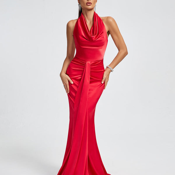 Halter Draped Satin Mermaid Maxi Dress