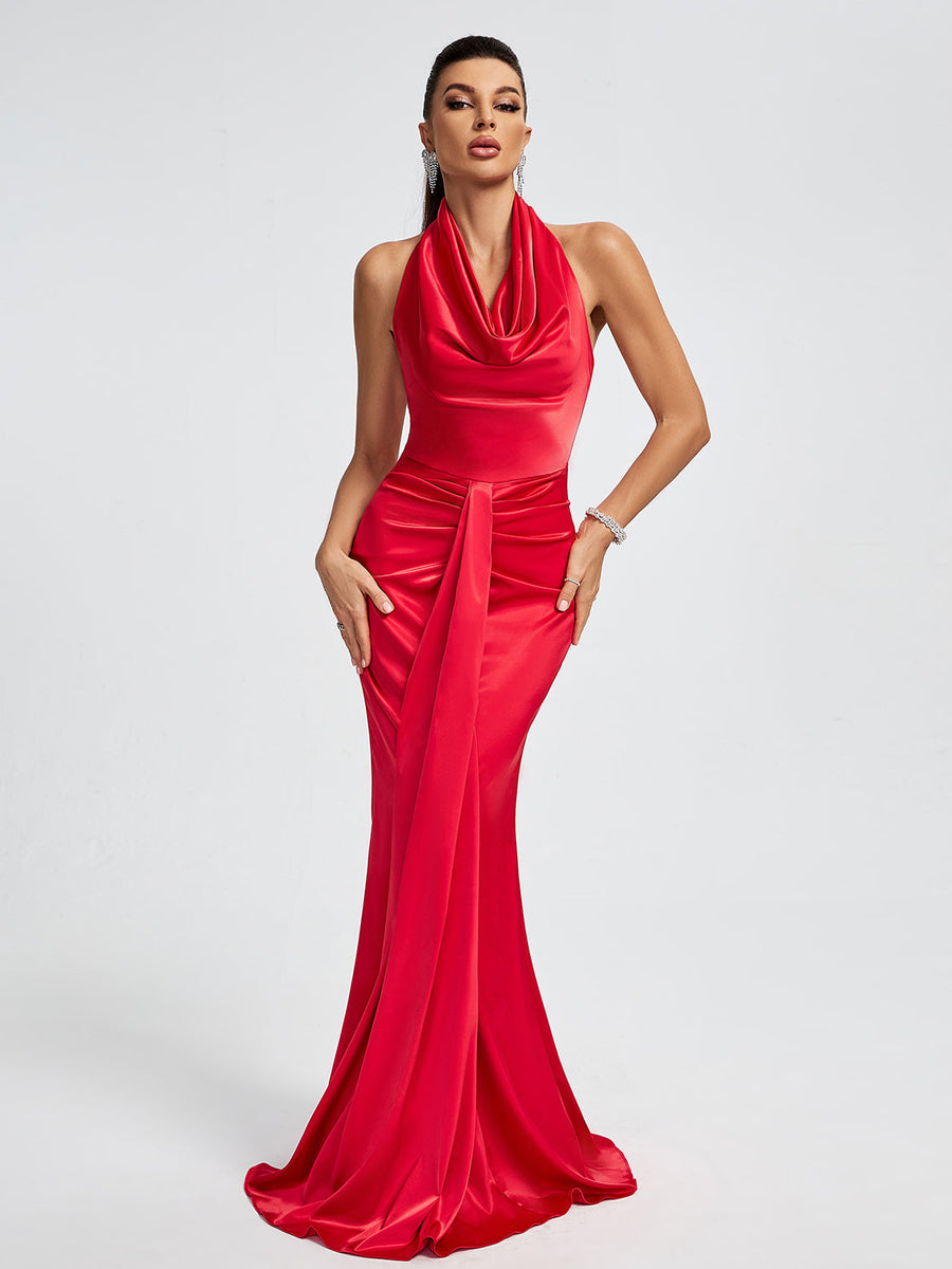 Elegant Draped Satin Mermaid Maxi Dress with Halter Neck