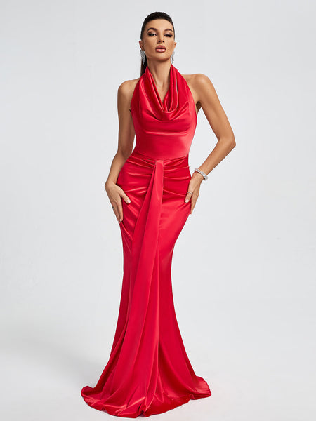 Elegant Draped Satin Mermaid Maxi Dress with Halter Neck
