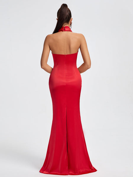 Elegant Draped Satin Mermaid Maxi Dress with Halter Neck