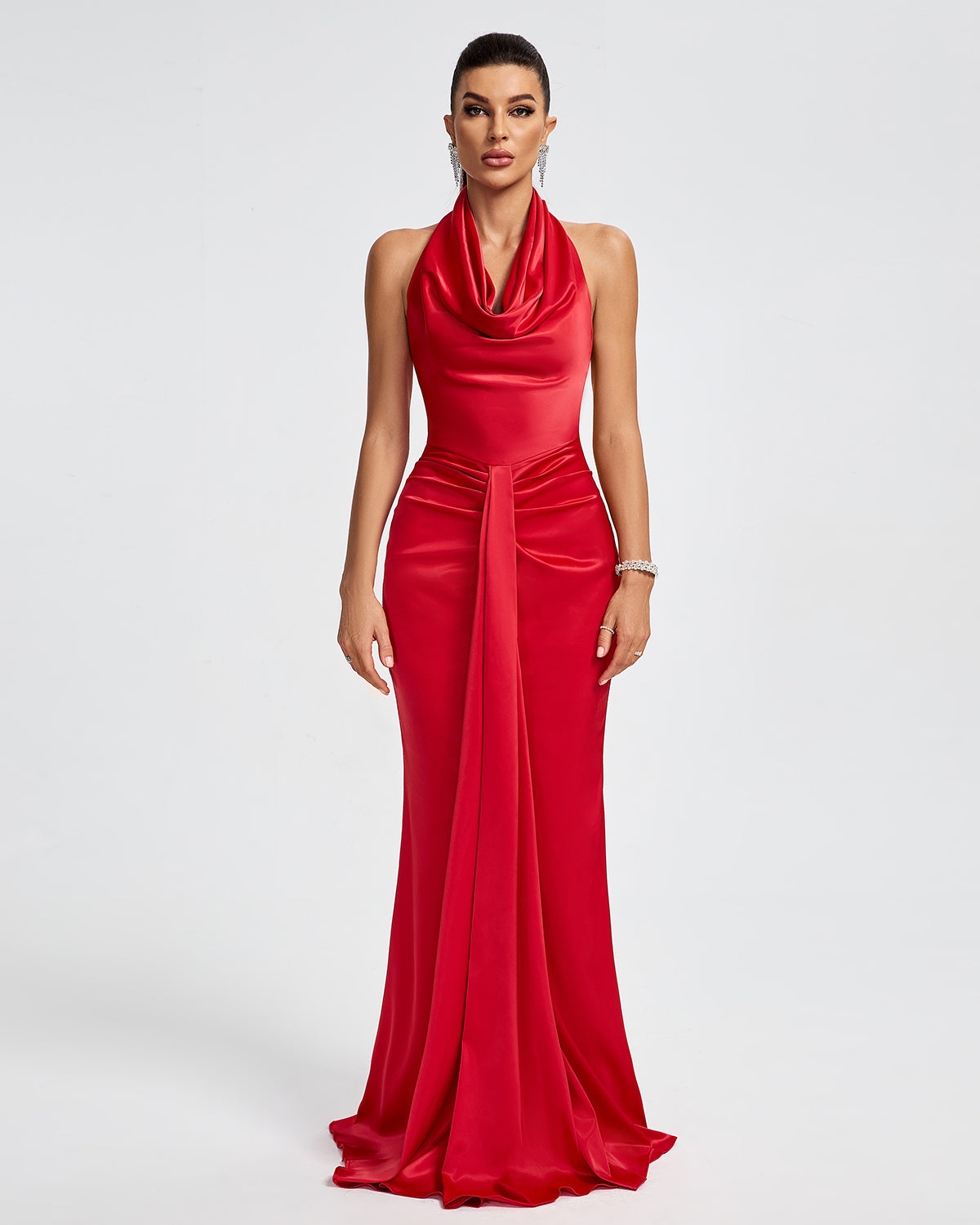 Halter Draped Satin Mermaid Maxi Dress