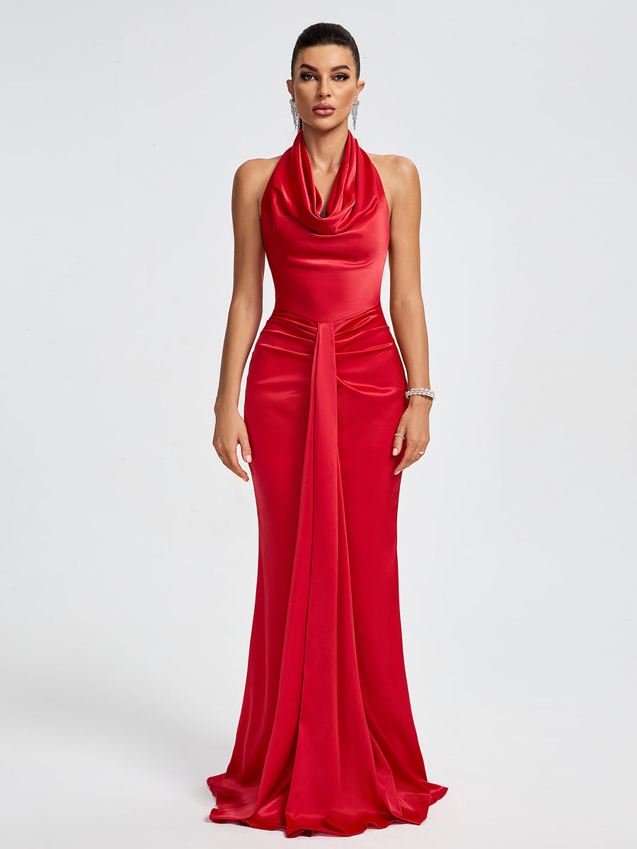 Elegant Draped Satin Mermaid Maxi Dress with Halter Neck