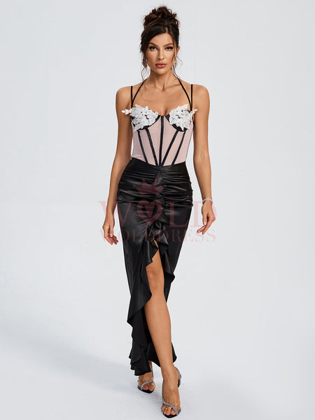 Ruffle Satin Corset Floral Wing-Design Dress with Cups
