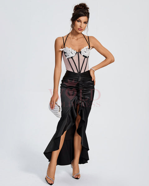 Ruffle Satin Corset Floral Wing-Design Dress with Cups