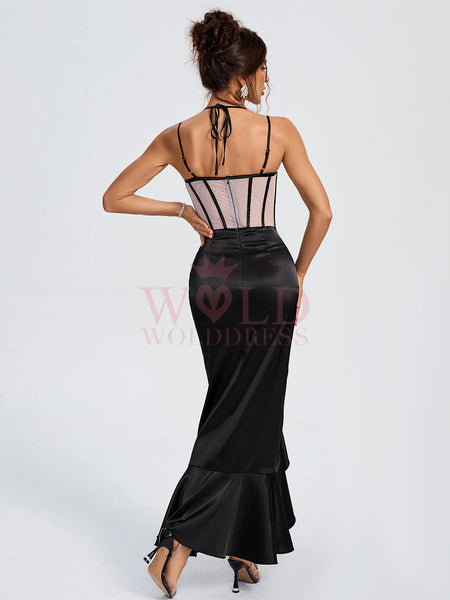 Ruffle Satin Corset Floral Wing-Design Dress with Cups