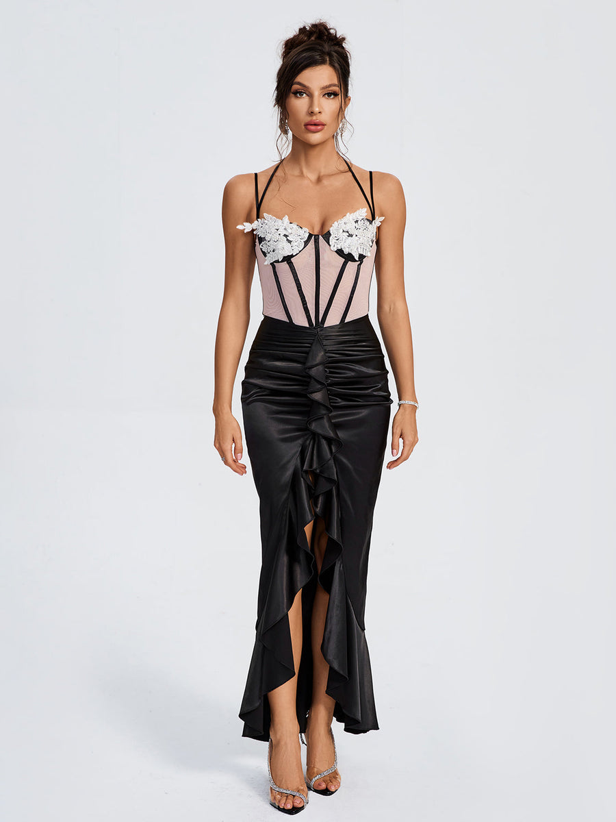 Ruffle Satin Corset Floral Wing-Design Dress with Cups