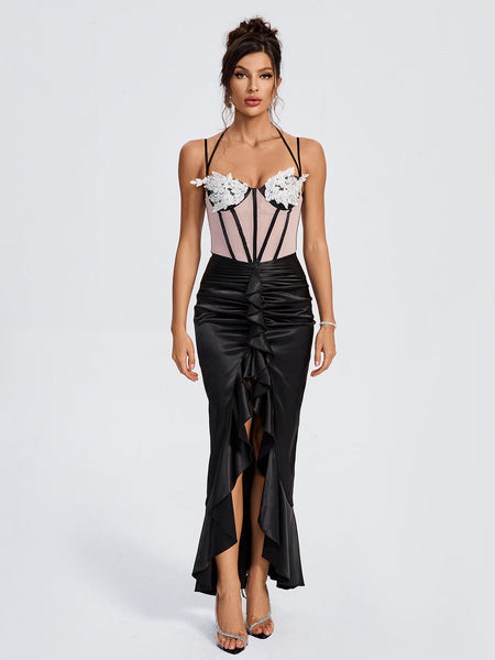 Ruffle Satin Corset Floral Wing-Design Dress with Cups