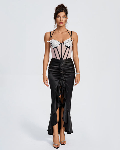 Ruffle Satin Corset Floral Wing-Design Dress with Cups