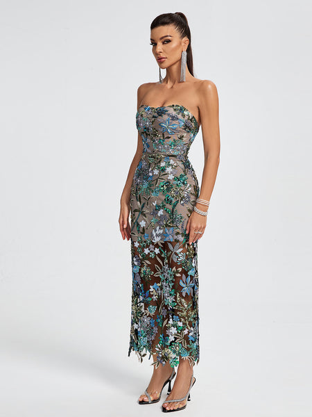 Tokyo Dahlia Floral Sequins Maxi Dress - Opulent Empire