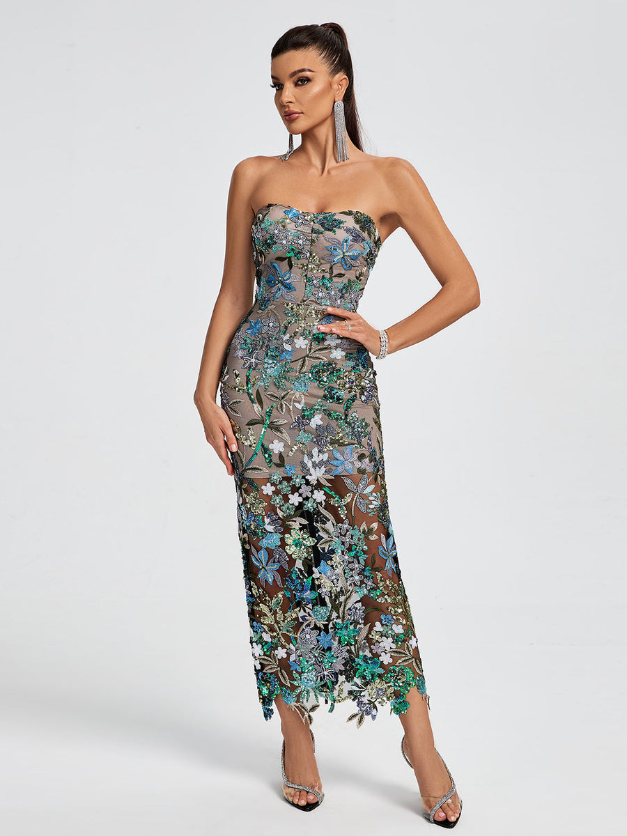 Tokyo Dahlia Floral Sequins Maxi Dress - Opulent Empire