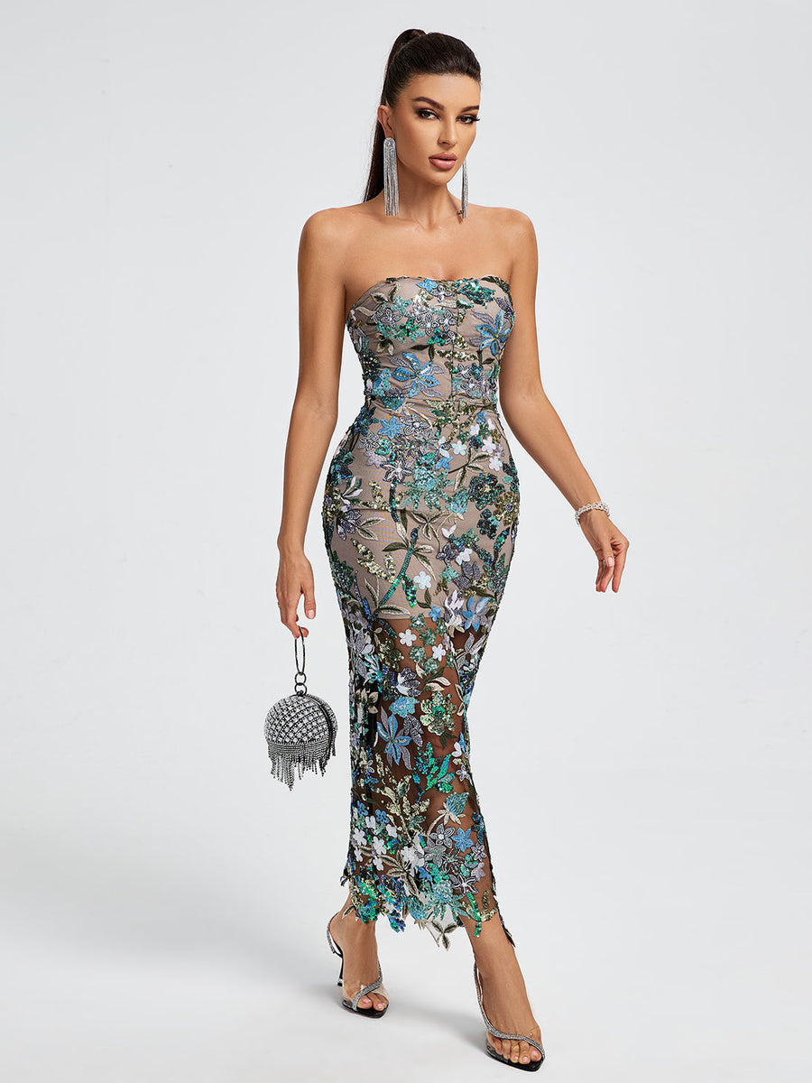 Tokyo Dahlia Floral Sequins Maxi Dress - Opulent Empire