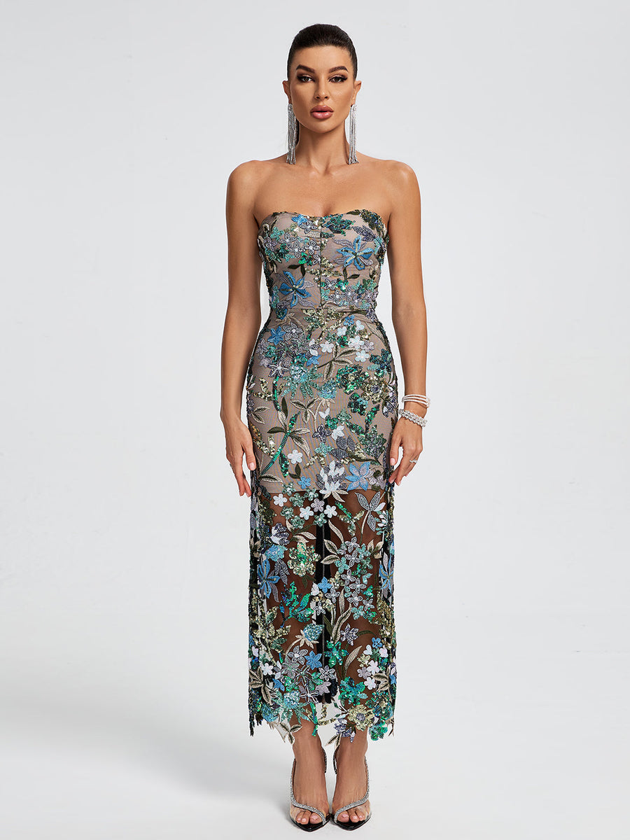 Tokyo Dahlia Floral Sequins Maxi Dress - Opulent Empire