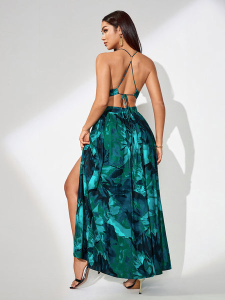 Backless Summer Dress with Splash-Ink Print for Perfect Summer Vacation