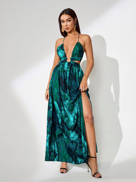 Backless Summer Dress with Splash-Ink Print for Perfect Summer Vacation