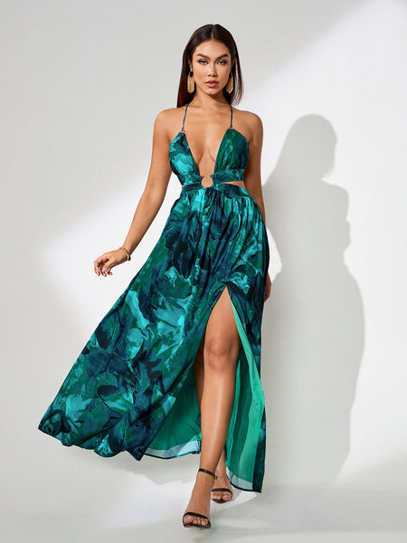 Backless Summer Dress with Splash-Ink Print for Perfect Summer Vacation