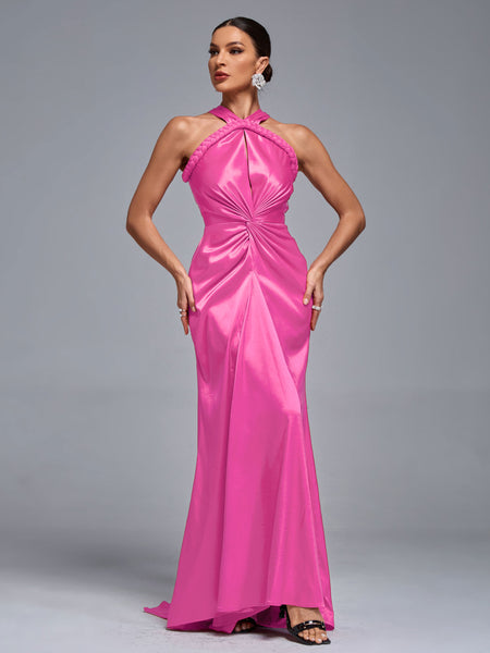 Glamorous Evening Dress with Satin Halter Neck and Elegant Braid Details