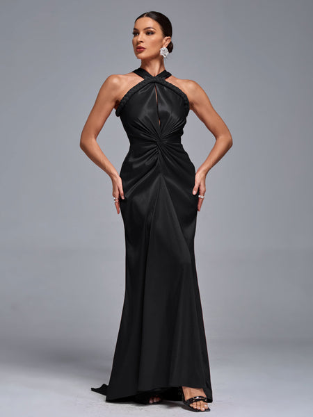 Glamorous Evening Dress with Satin Halter Neck and Elegant Braid Details