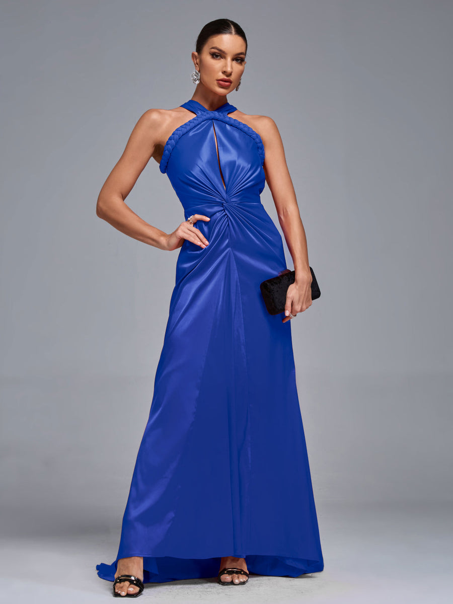 Glamorous Evening Dress with Satin Halter Neck and Elegant Braid Details