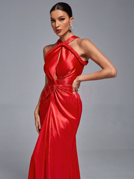 Glamorous Evening Dress with Satin Halter Neck and Elegant Braid Details
