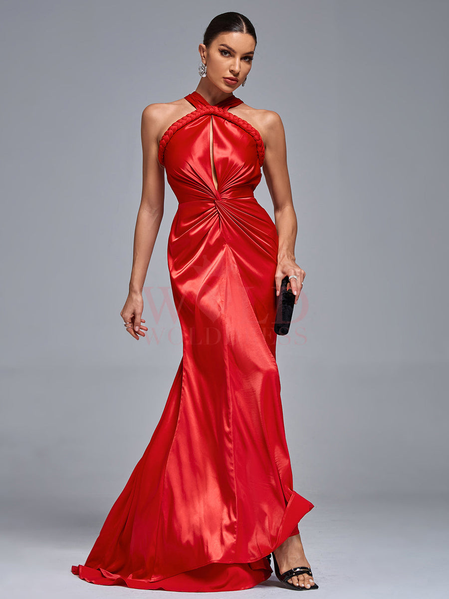Glamorous Evening Dress with Satin Halter Neck and Elegant Braid Details