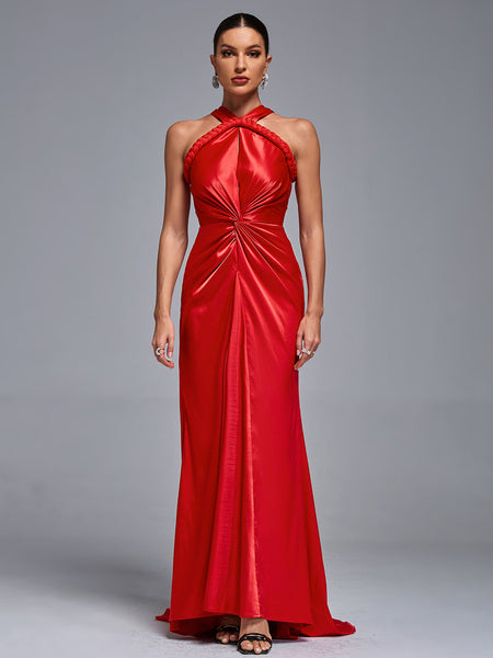 Glamorous Evening Dress with Satin Halter Neck and Elegant Braid Details