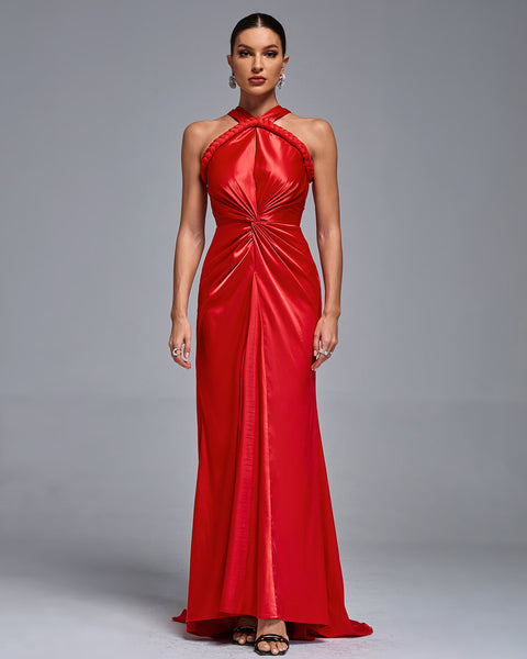 Glamorous Evening Dress with Satin Halter Neck and Elegant Braid Details