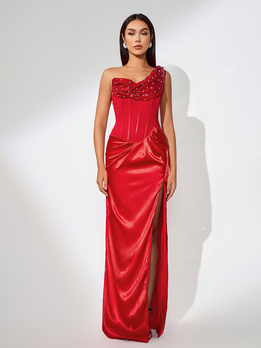 Elegant High-Slit Pearl Asymmetrical Maxidress
