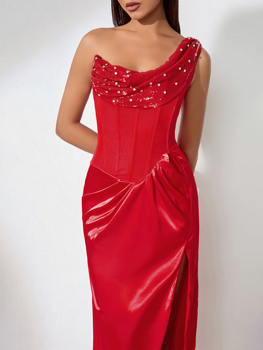 Elegant High-Slit Pearl Asymmetrical Maxidress