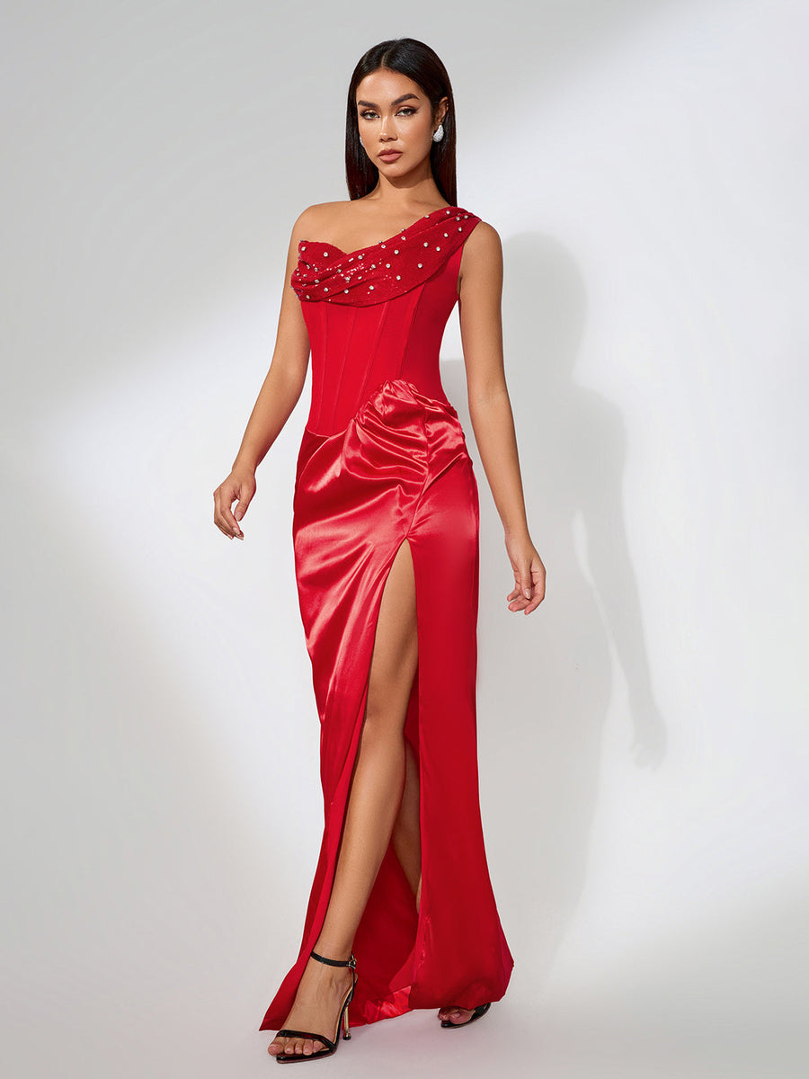 Elegant High-Slit Pearl Asymmetrical Maxidress