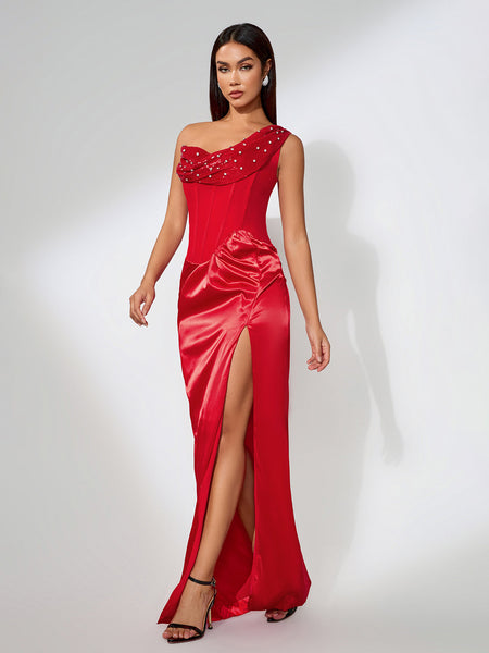 Elegant High-Slit Pearl Asymmetrical Maxidress