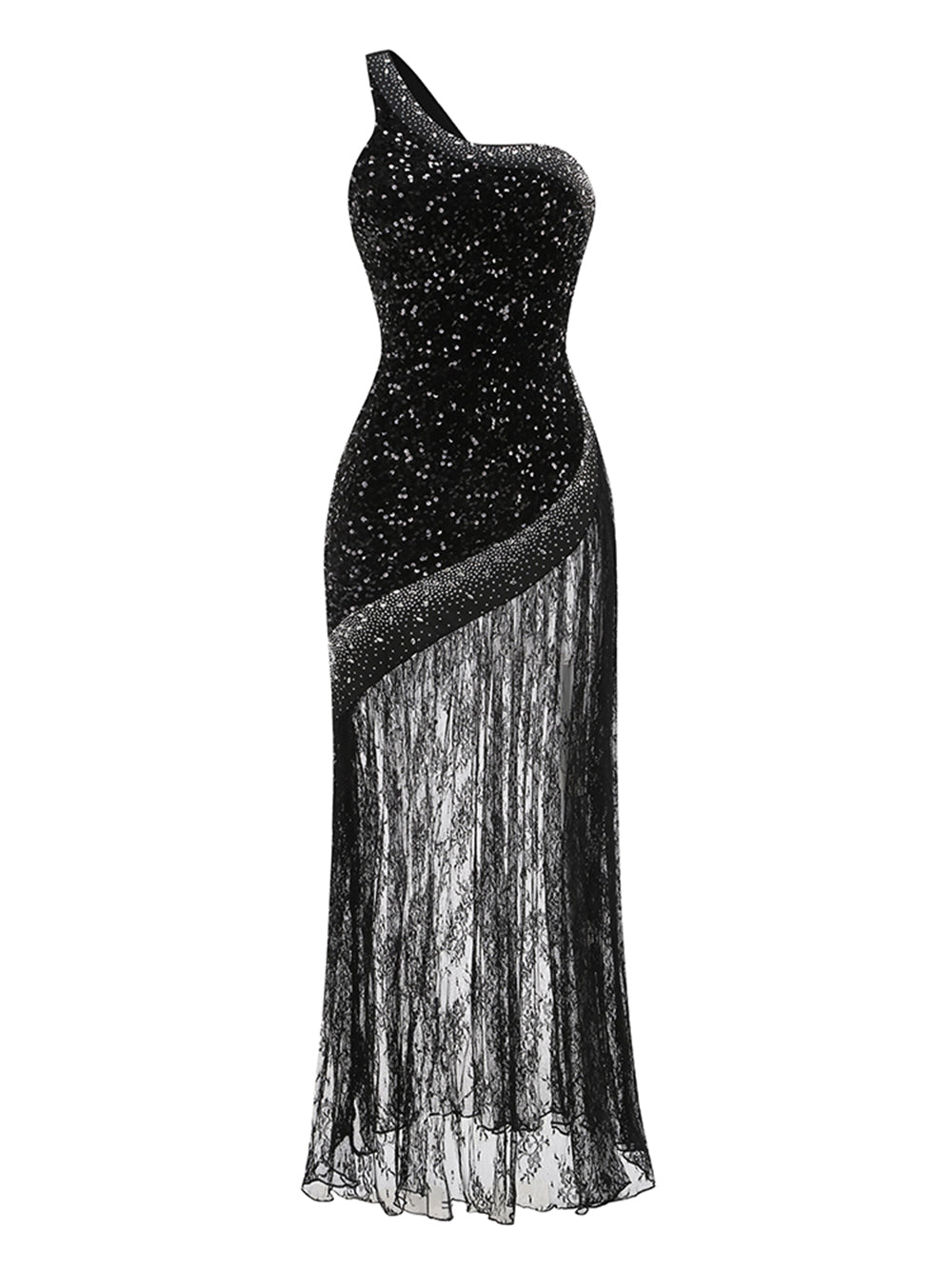 Onyx Vallière — One Shoulder Sleeveless Lace Splicing Maxi Dress KLYF1302, alternate view 5