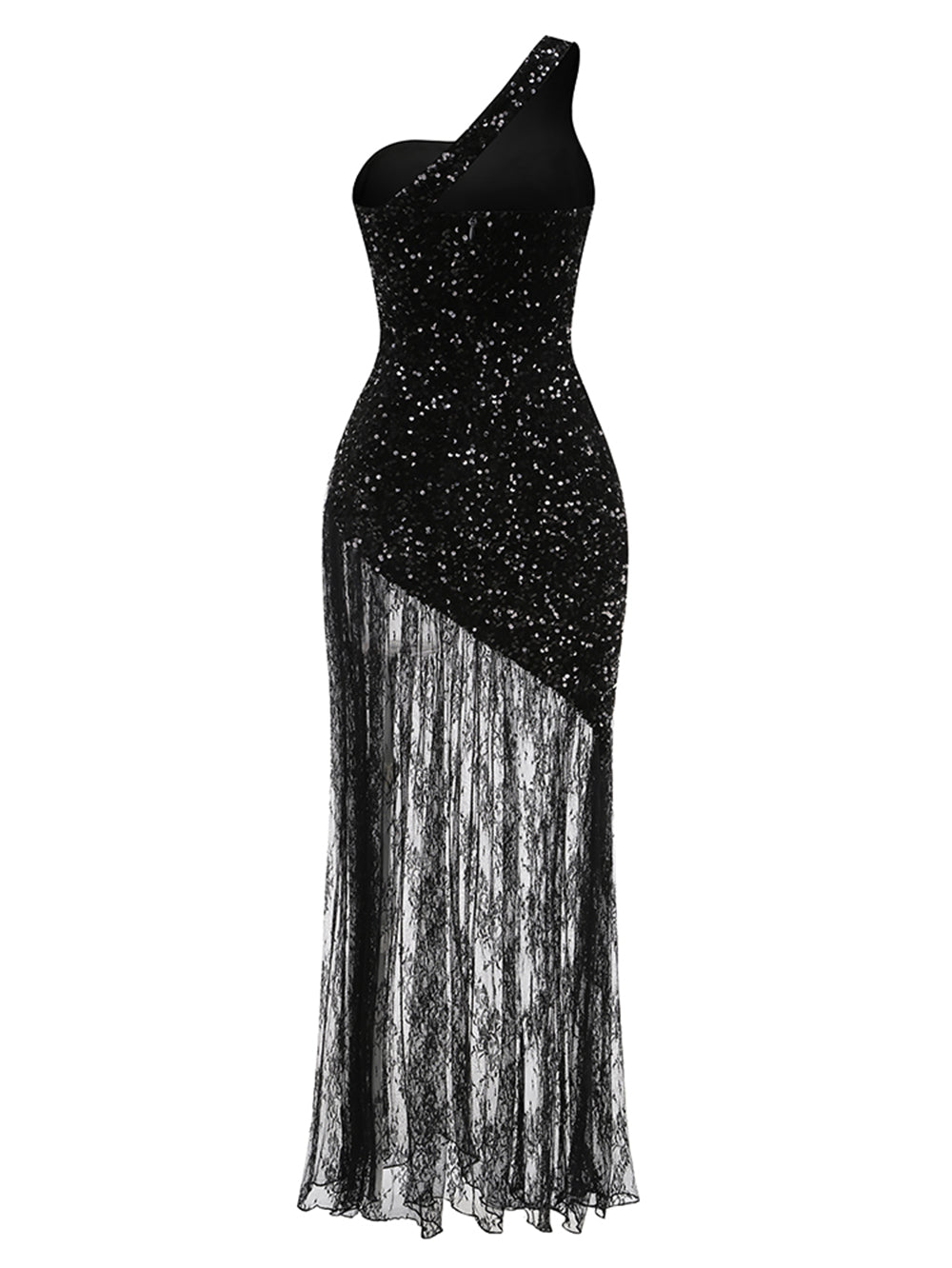 Onyx Vallière — One Shoulder Sleeveless Lace Splicing Maxi Dress KLYF1302, alternate view 6