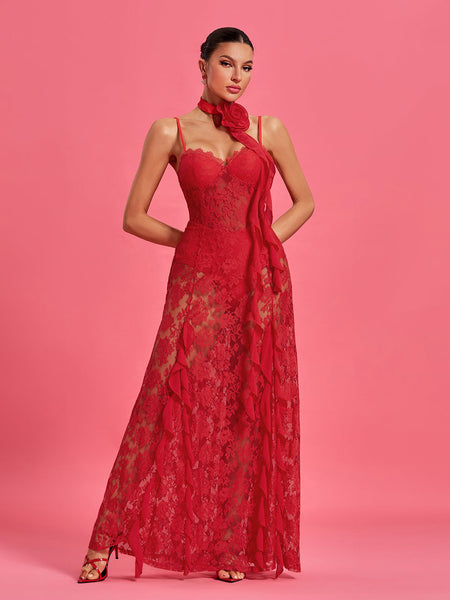 Maxi Lace Dress with Round Neck and Rosette Detail