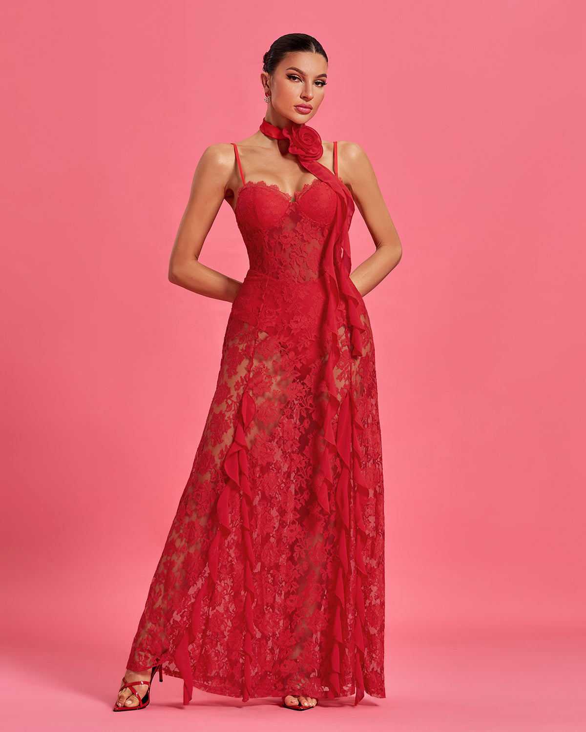 Lior Duvall — Maxi Lace Dress with Round Neck and Rosette Detail