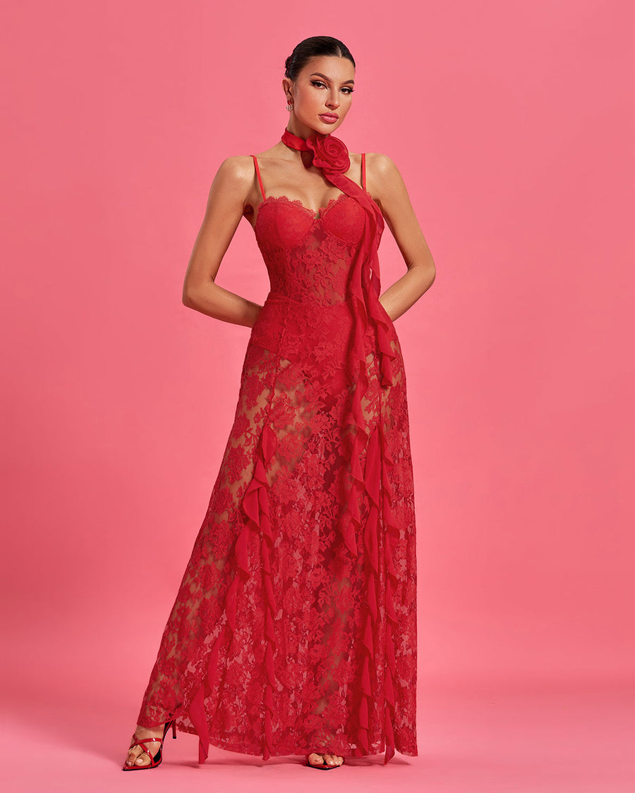 Lior Duvall — Maxi Lace Dress with Round Neck and Rosette Detail