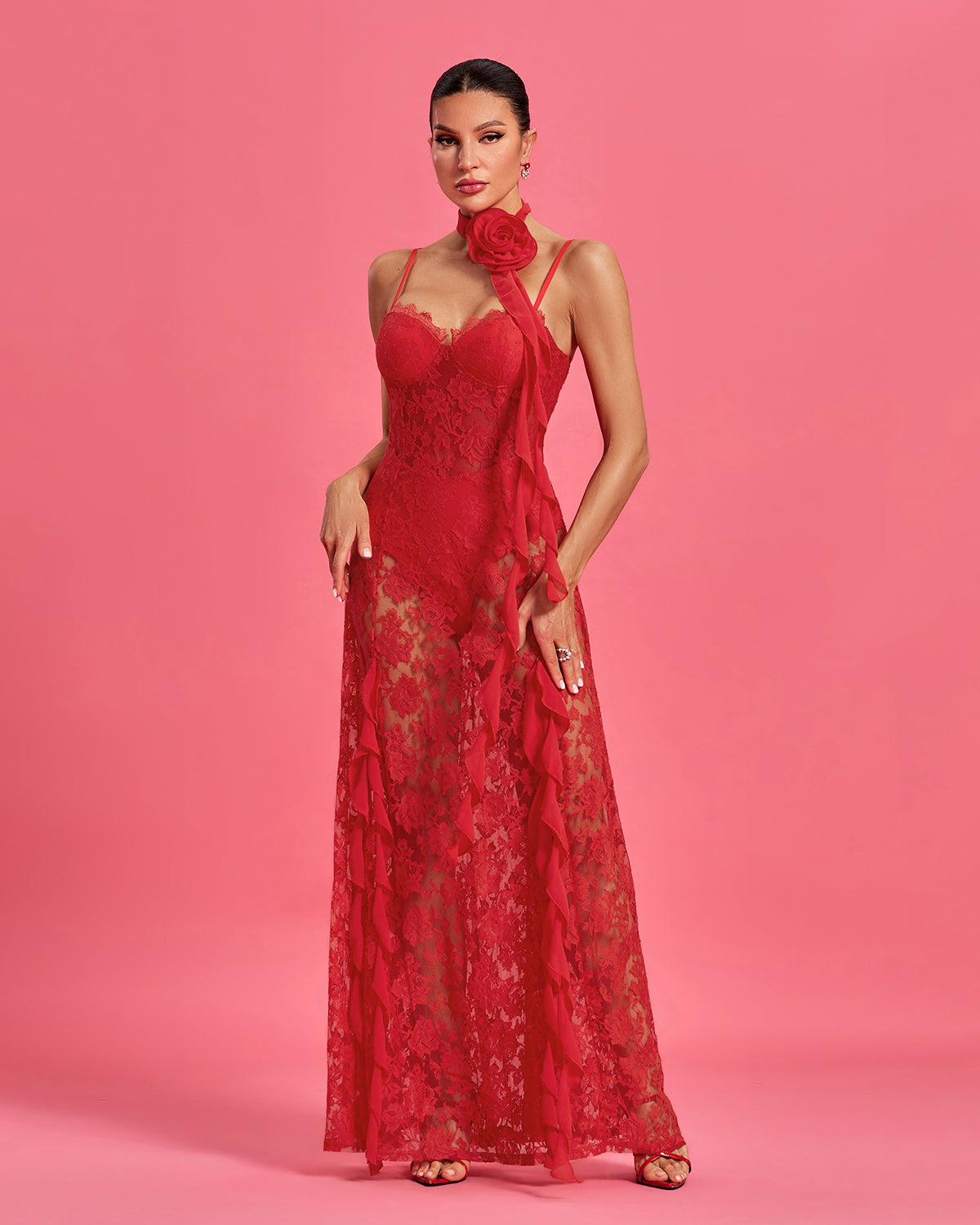 Lior Duvall — Maxi Lace Dress with Round Neck and Rosette Detail, alternate view 3