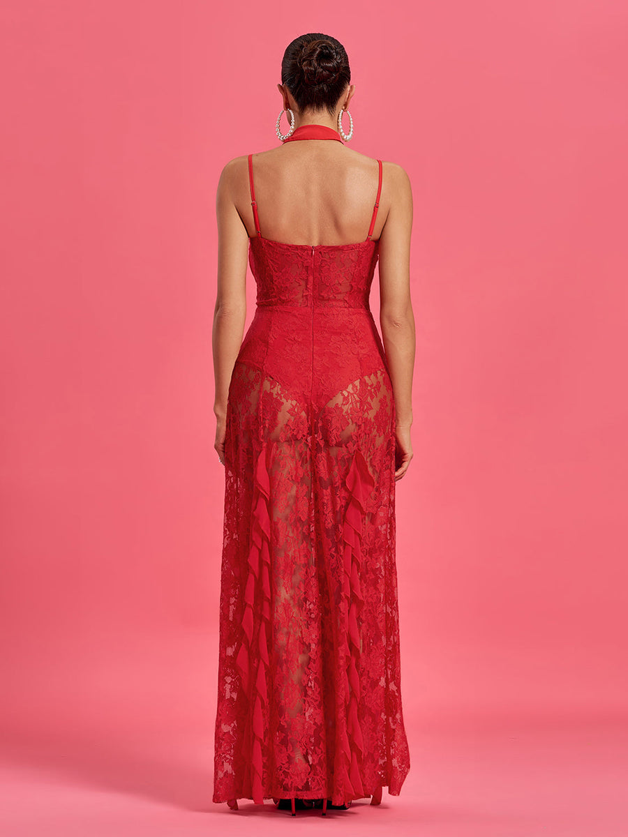 Maxi Lace Dress with Round Neck and Rosette Detail