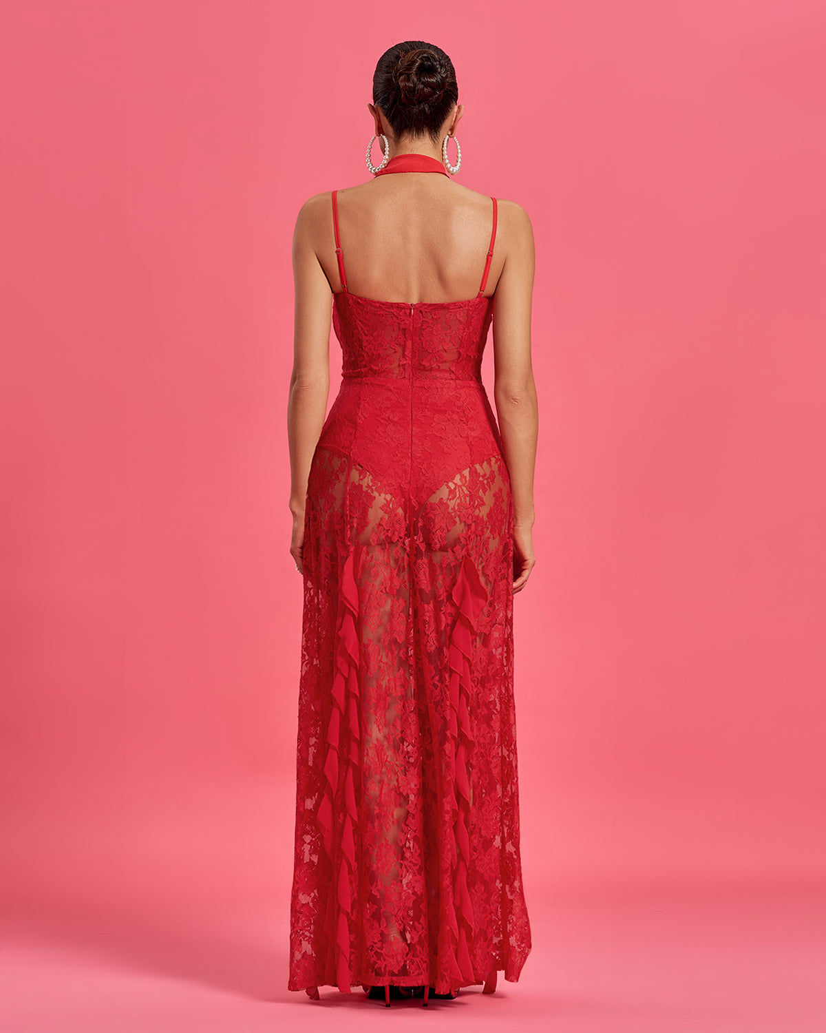 Lior Duvall — Maxi Lace Dress with Round Neck and Rosette Detail, alternate view 4