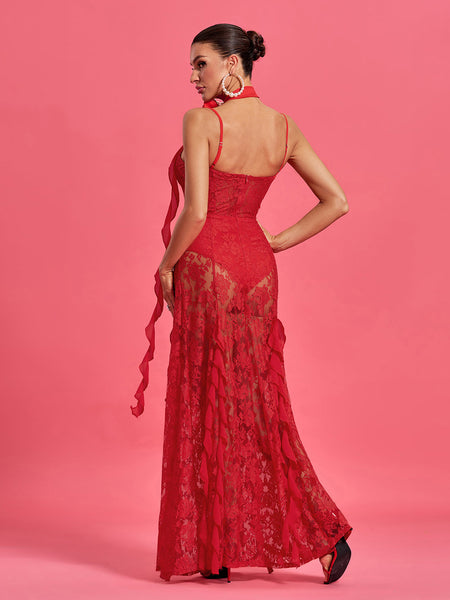 Maxi Lace Dress with Round Neck and Rosette Detail