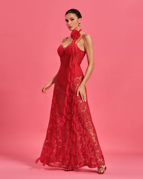 Maxi Lace Dress with Round Neck and Rosette Detail