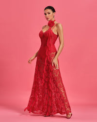 Lior Duvall — Maxi Lace Dress with Round Neck and Rosette Detail, alternate view 5