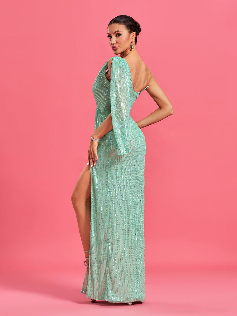 Chic long sequin dress with off-the-shoulder design and high slit