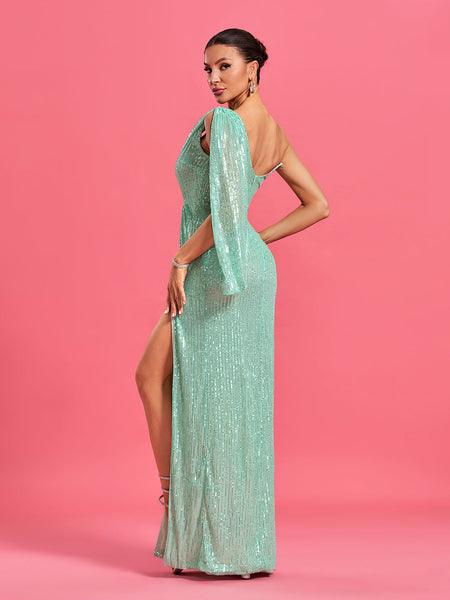 Chic long sequin dress with off-the-shoulder design and high slit