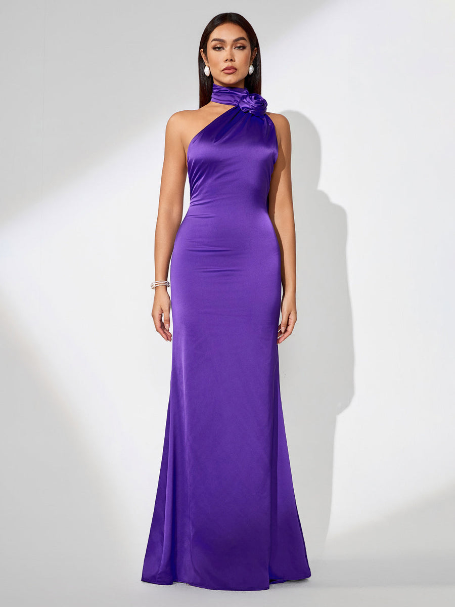 Elegant Maxi Satin Dress with Open Back and Halter Style