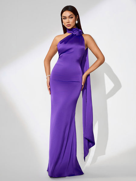 Elegant Maxi Satin Dress with Open Back and Halter Style